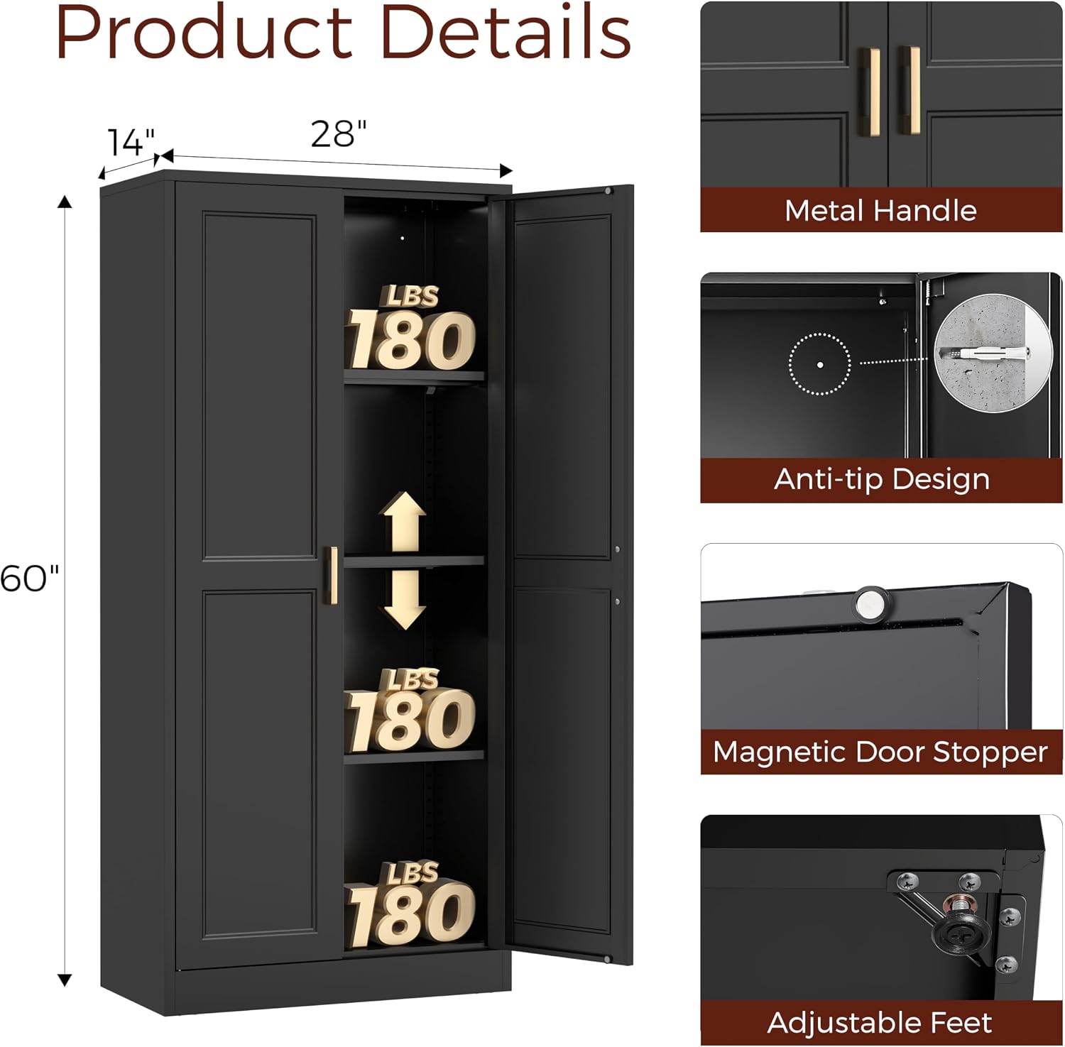 60' Tall Metal Pantry Cabinet, Black Kitchen Pantry Storage Cabinet with Doors and 3 Adjustable Shelves, Cupboard for Kitchen, Dining Room, Living Room, Bathroom