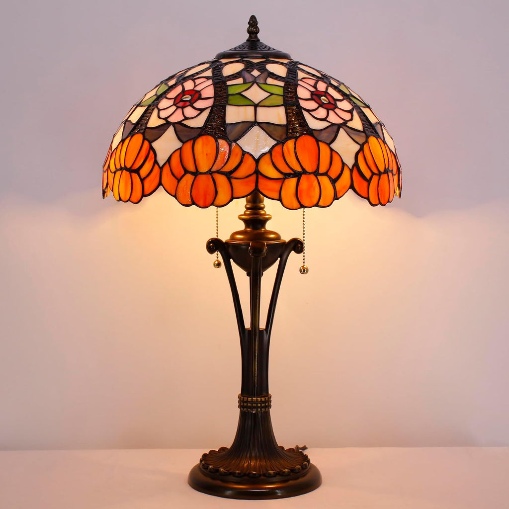 Tiffany Table Lamp 24 Inch Orange Flower Stained Glass Desk Lamp Reading Light for Bedroom Living Room Bedside Nightstand