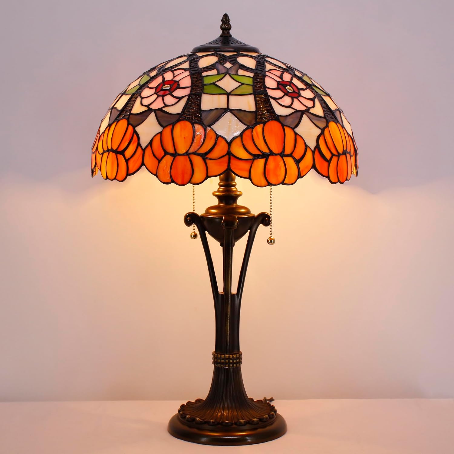 Tiffany Table Lamp 24 Inch Orange Flower Stained Glass Desk Lamp Reading Light for Bedroom Living Room Bedside Nightstand