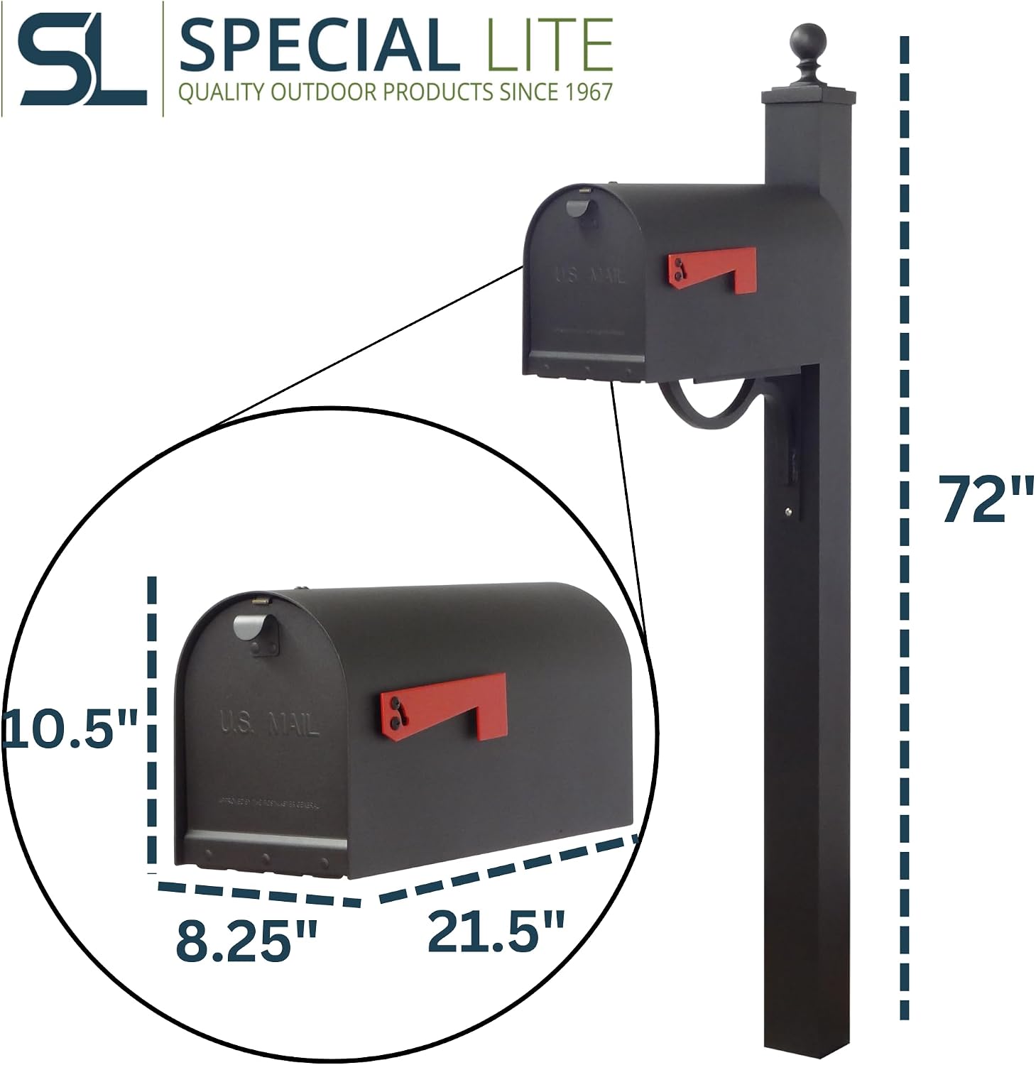 Special Lite Titan Curbside Mailbox with Springfield Post - Black Steel Mailbox with Post - SCH1016S-SPK710-BLK