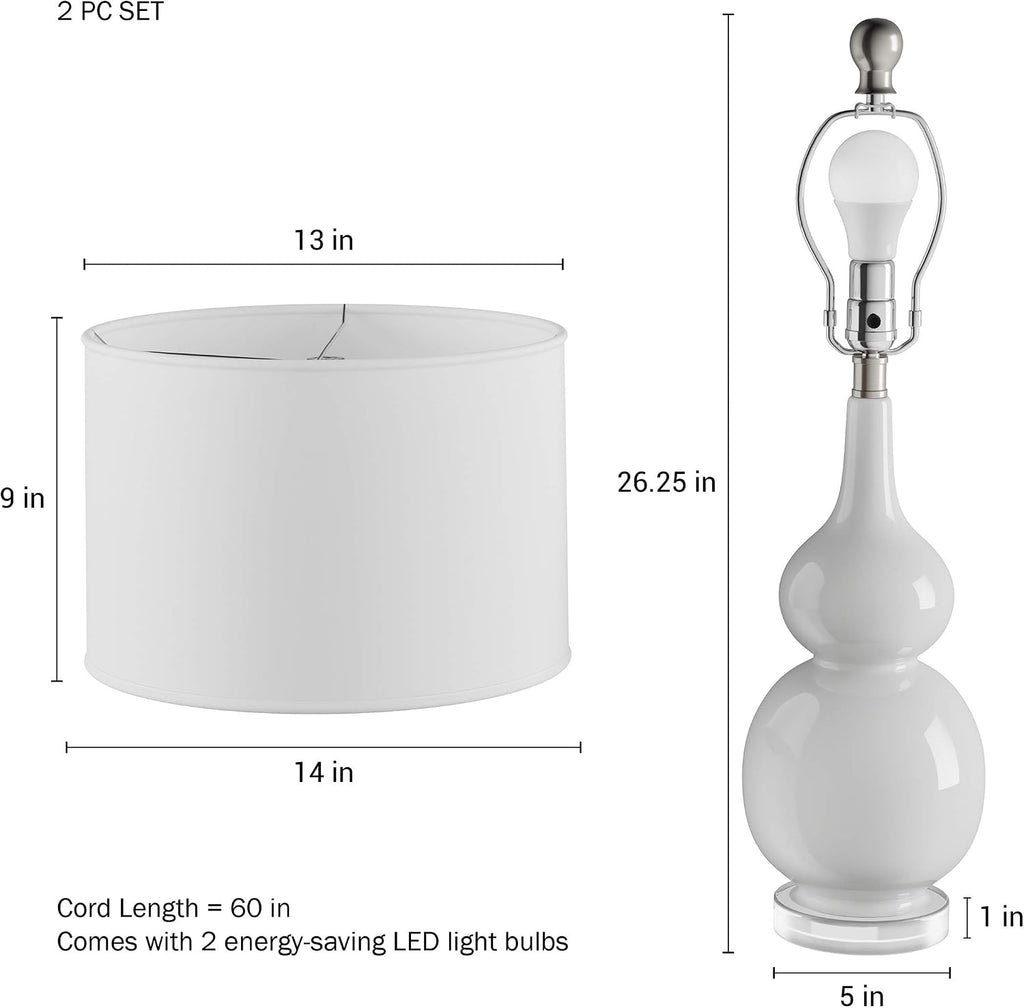 Ceramic Table Lamps - Set of 2 Double Gourd Vintage-Style Accent Lights for Bedroom, Living Room, or Office with LED Bulbs by Lavish Home (White)