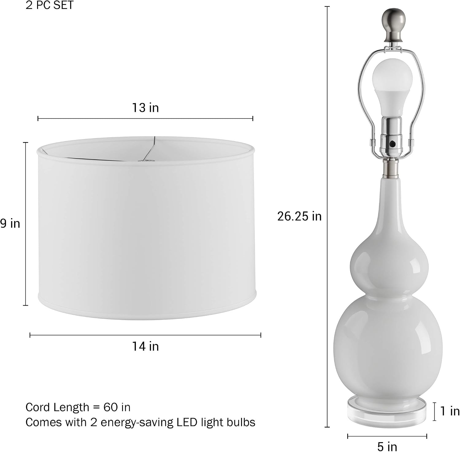 Ceramic Table Lamps - Set of 2 Double Gourd Vintage-Style Accent Lights for Bedroom, Living Room, or Office with LED Bulbs by Lavish Home (White)