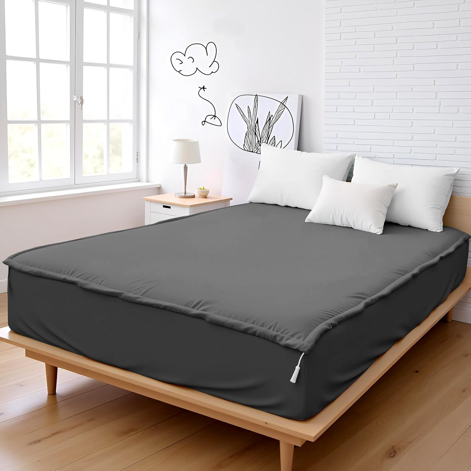 Zip On Sheets Queen Zipper Fitted Sheets 60X80 - Includes 2 Zip On Sheet & 1 Fitted Sheet Base - 8' to 16' Inch Deep Pocket Zipper Sheets - Faster & Easier Microfiber Queen Size - Dark Grey