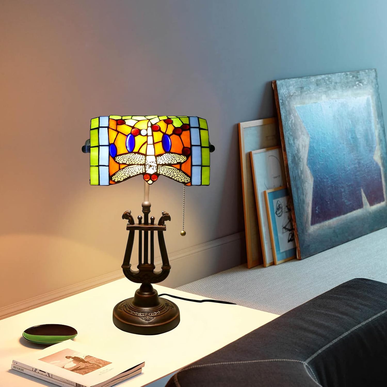 Tiffany Lamp Stained Glass Table Lamp 10 * 16 Inches Dragonfly Style Desk Reading Light