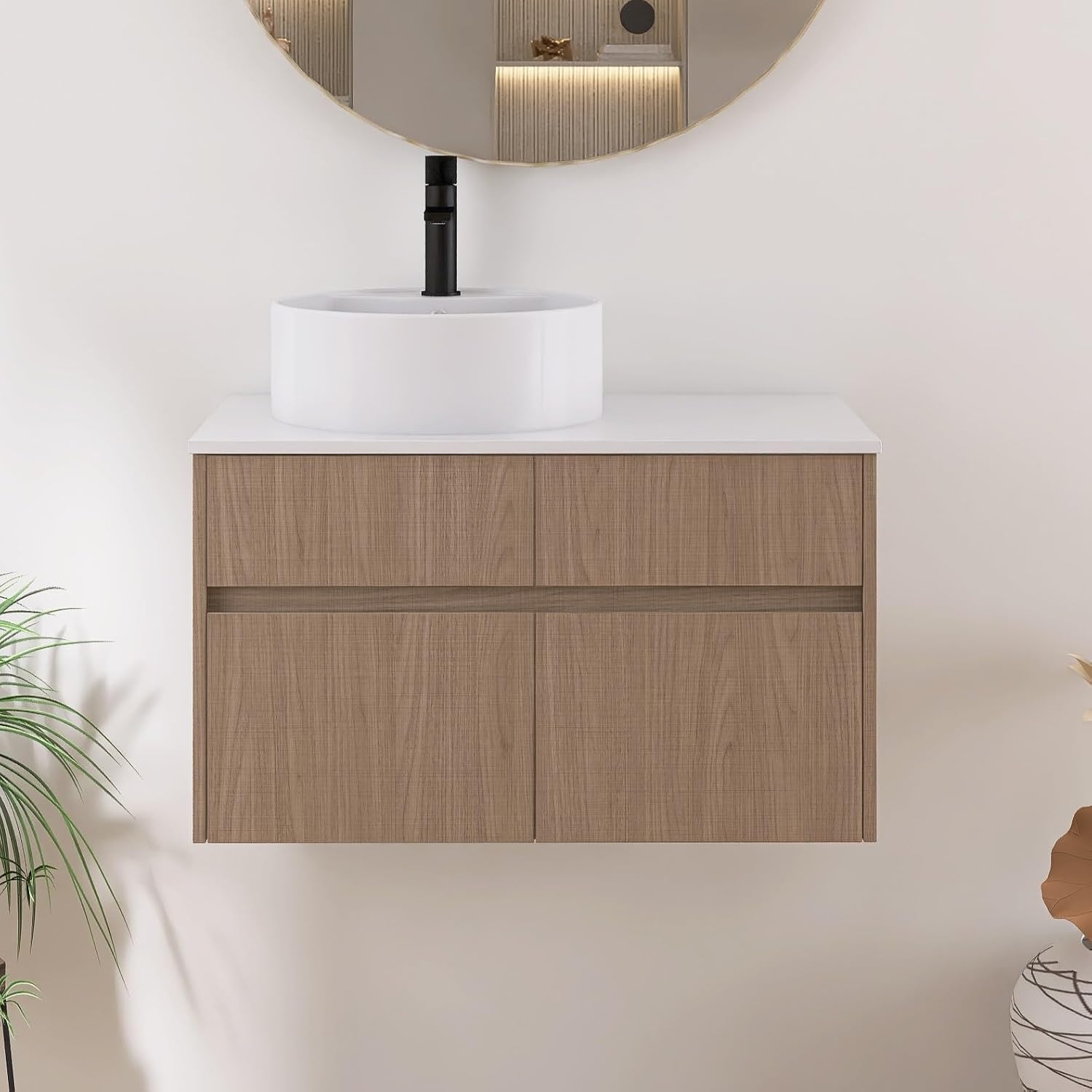 32 Inch Floating Bathroom Vanity with Sink, Modern Wall Mounted Cabinet, Ceramic Vessel Basin, 2 Soft Close Doors and 2 Drawer, Light Walnut