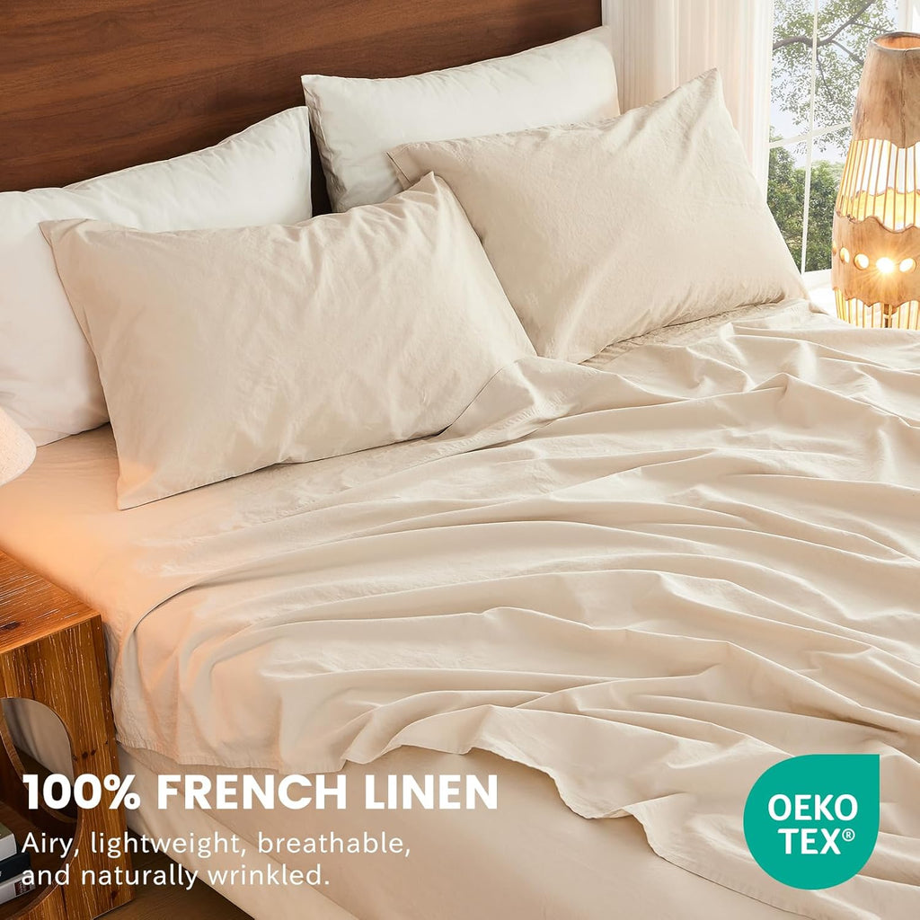 Bedlifes 100% French Linen Sheets Queen Size 18-24'Extra Deep Pocket 4-Piece Set Breathable & Moisture-Wicking,Soft & Durable Sheets for Thick Mattresses(Linen)