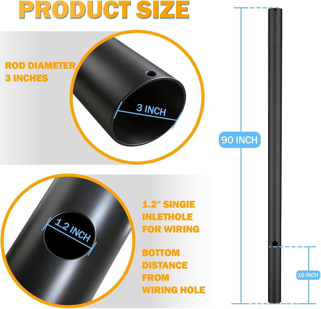 3' x 90' Black Steel Modern Outdoor Light Post Pole - Direct Burial Die-Cast Metal Lamp Post for Exterior House, Porch, Patio, Driveway, Garden, Walkway, Deck, Lawn, Terrace, Courtyard & Garage