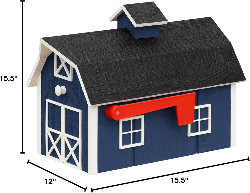 Amish Dutch Barn Painted Wooden Mailbox with Cupola (Navy with White Trim)