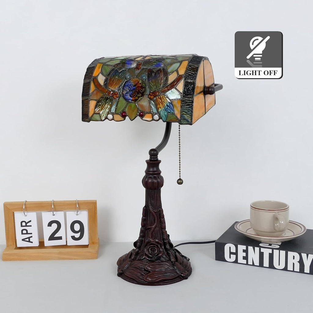 Rose Flower Dragonfly Bankers Lamp Antique Desk Lamps Stained Glass Banker Table Lamp with Pull Chain, Vintage Desk Lamp for Home Office, with Color Changing LED Bulb