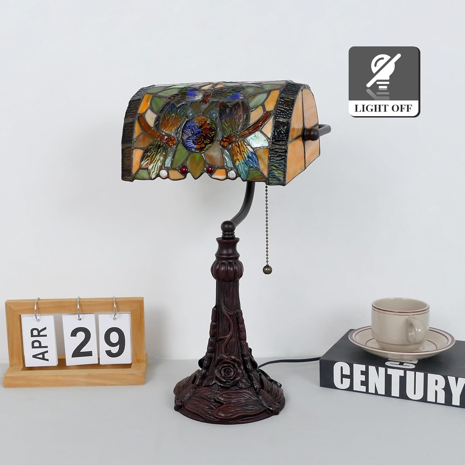 Rose Flower Dragonfly Bankers Lamp Antique Desk Lamps Stained Glass Banker Table Lamp with Pull Chain, Vintage Desk Lamp for Home Office, with Color Changing LED Bulb
