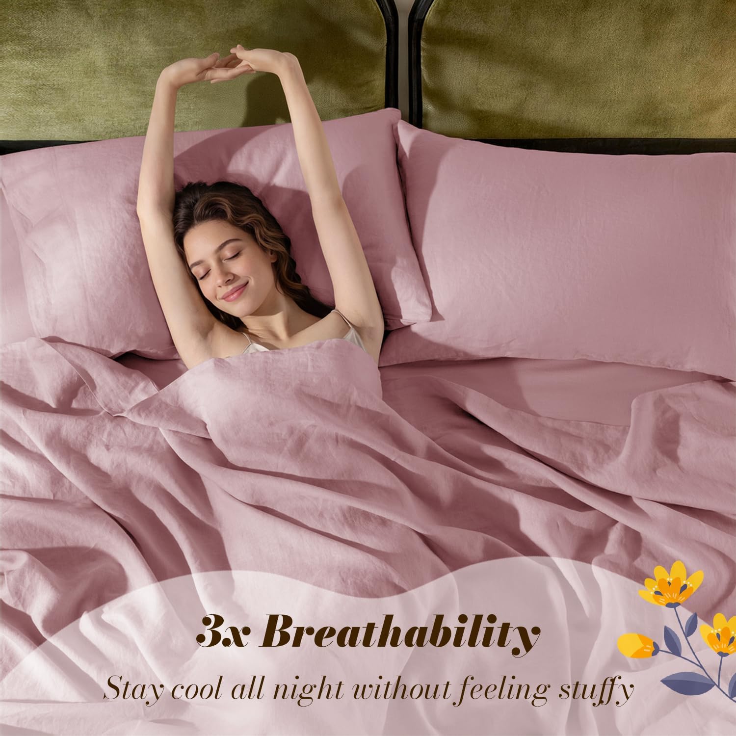 SONORO KATE 100% French Pure Linen Sheets, Breathable and Durable Linen Queen Size Sheets, Anti-Tear Linen Bed Sheets, Machine Washable, 16 Inch Deep Pocket - 4 Piece (Embroidery Purple, Queen)