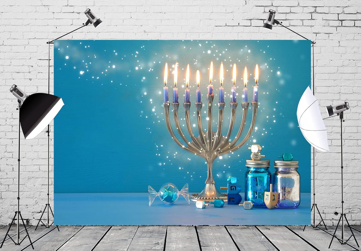 20x10ft Fabric Hanukkah Backdrop Jewish Holiday Traditional Candelabra and Candles Blue Glitter Background Happy Hanukkah Festival Day Jewish Decor Photo Booth Studio Props