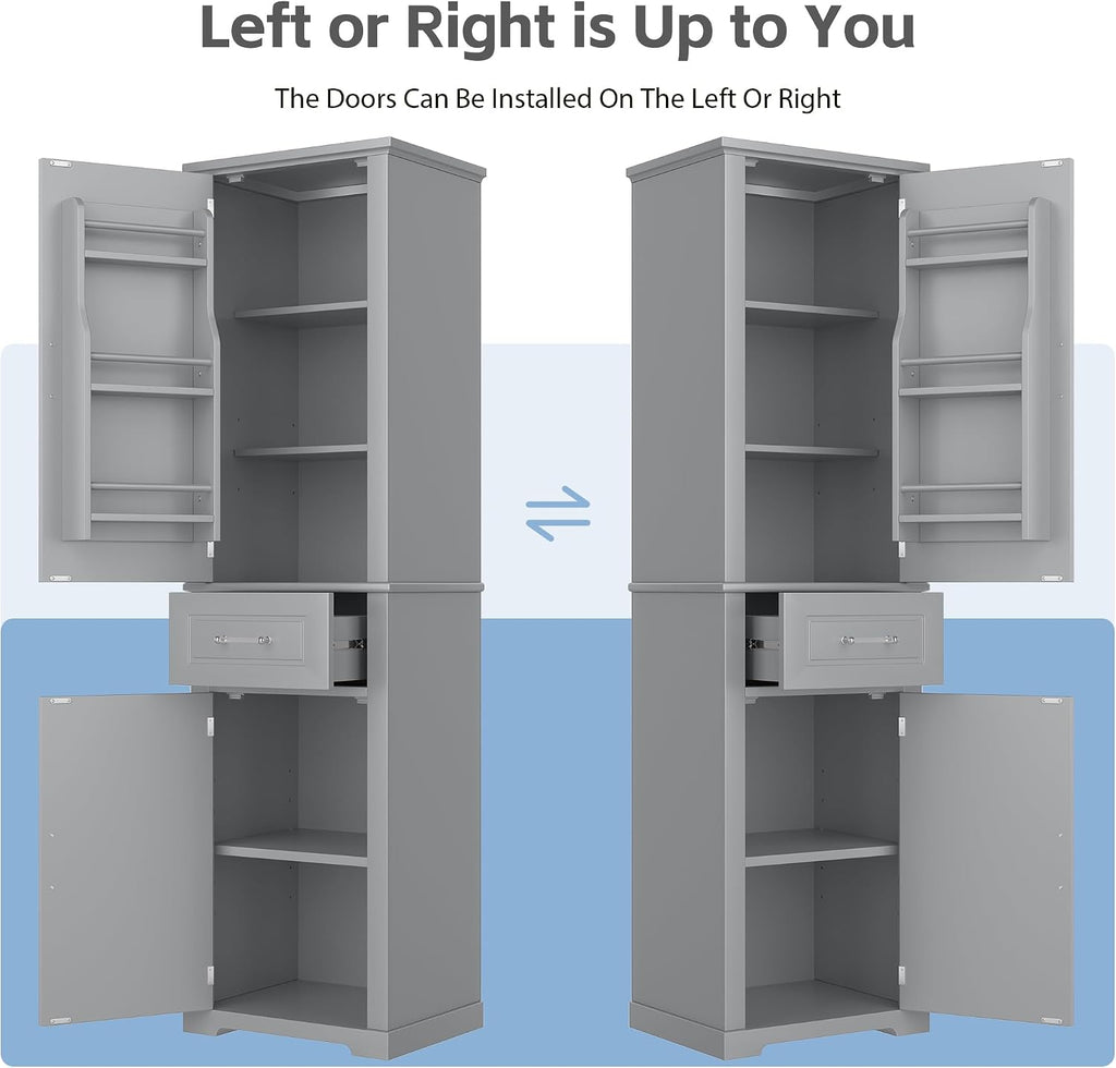 Tall Bathroom Storage Cabinet, Freestanding Bathroom Accent Storage Cabinet with Doors & Adjustable Shelves & Built-in Door Shelf for Home Kitchen, Living Room (Grey Style3)