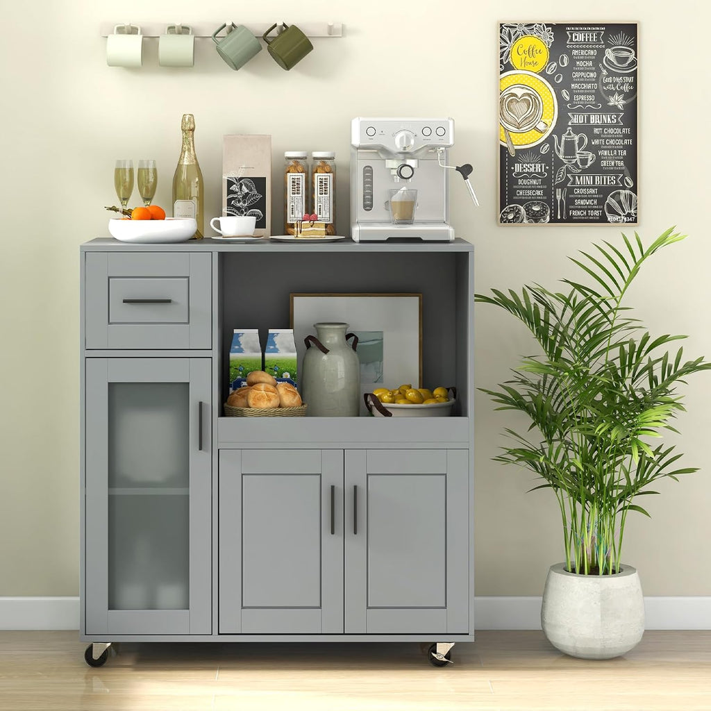 GOFLAME Rolling Kitchen Island Cart on Wheels, Mobile Kitchen Cart with Drawer, Open Shelf and Glass Door Cabinet, Microwave Stand Cart, Portable Kitchen Island for Kitchen, Dining Room, Grey