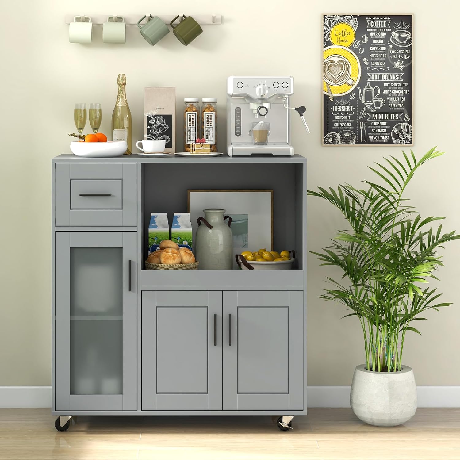 GOFLAME Rolling Kitchen Island Cart on Wheels, Mobile Kitchen Cart with Drawer, Open Shelf and Glass Door Cabinet, Microwave Stand Cart, Portable Kitchen Island for Kitchen, Dining Room, Grey