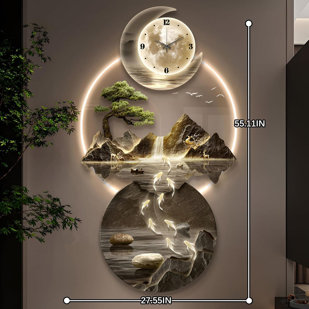 XQDYSG Wall Sculptures 3D Wall Art Decor Clock Plug-in Power Supply Home Decor Wall Modern Wall Hanging Sculpture Painting with LED Light for Bedroom Living Room Apartmen(Stylle A,27.55 * 55.11IN)