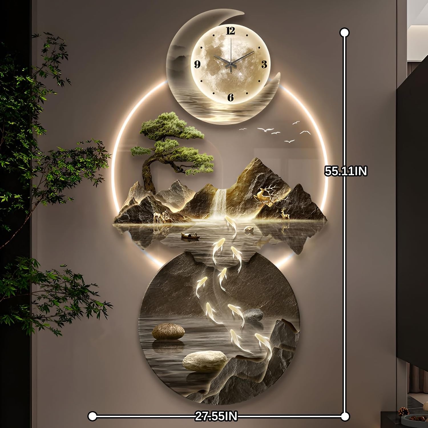 XQDYSG Wall Sculptures 3D Wall Art Decor Clock Plug-in Power Supply Home Decor Wall Modern Wall Hanging Sculpture Painting with LED Light for Bedroom Living Room Apartmen(Stylle A,27.55 * 55.11IN)