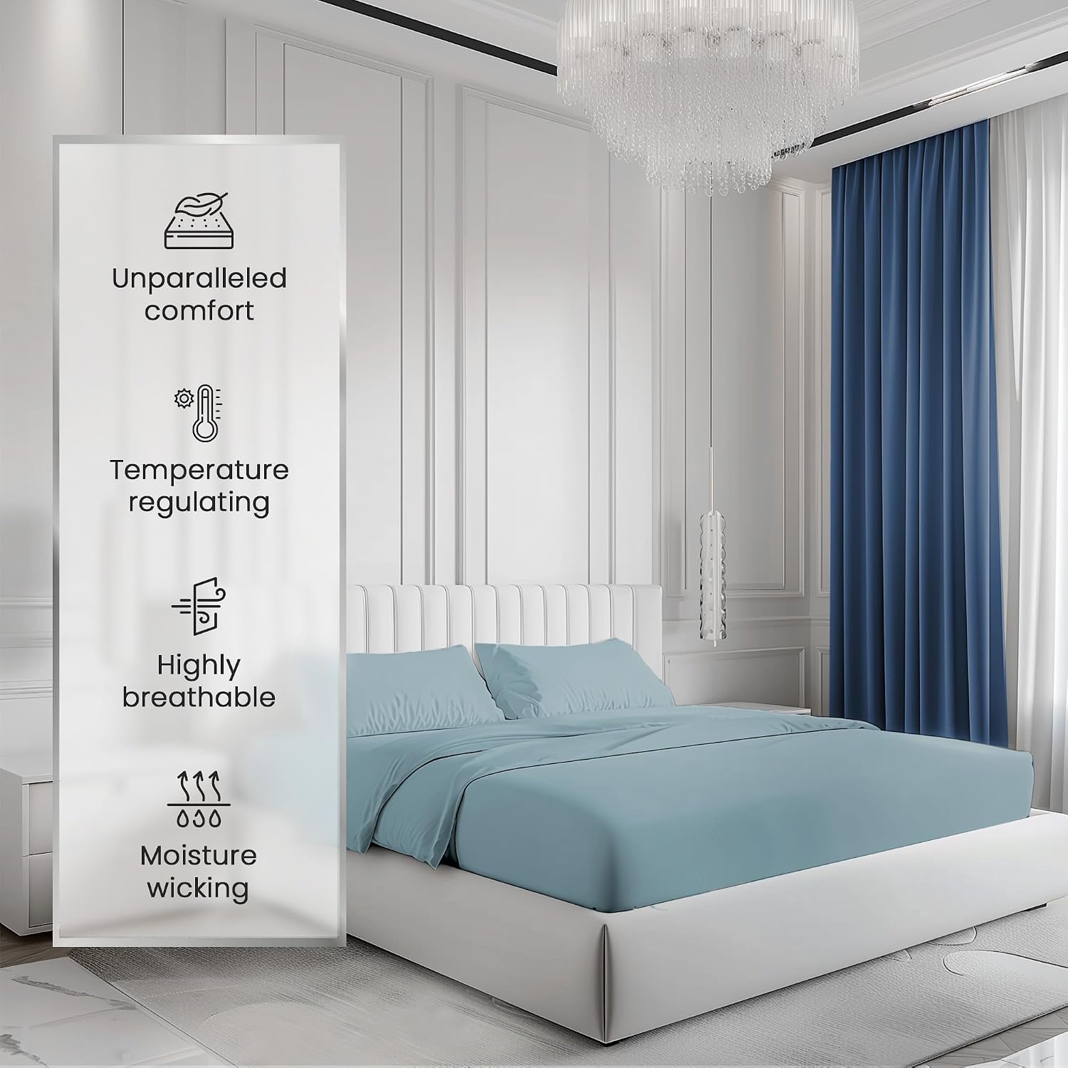 100% Cotton Sheets For King Size Bed, Certified 1000 TC Deep Pocket King Sheet Set, Elasticated Sheet & Pillowcase Sets, No Pill & Shrink, Soft & Comfy Naturally Cool & Breathable- French Blue