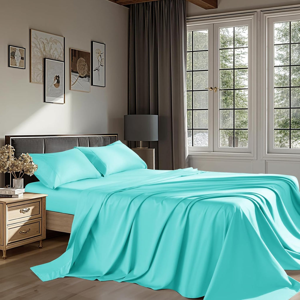 100% Cotton 1200 Thread Count Sheets Set Bedding Sets,Bed Sheet 4 Piece Sets,16 inches Deep Pocket (Lake Green, Queen)