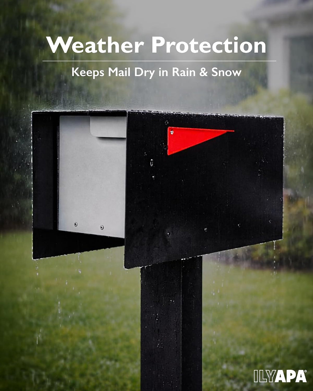 Ilyapa Modern Mailbox Post Mount - 21x8x10 Gray with Black Door Powder Coated Steel, Waterproof Letter Box for Parcels, with Black Recessed Magnetic Close Door