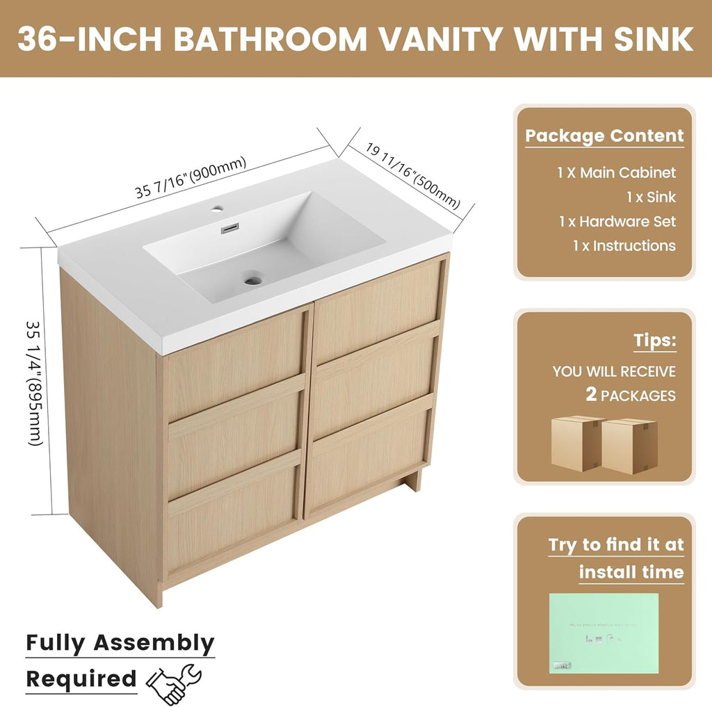 36 Inch Bathroom Vanity with Sink, 36' Freestanding Storage Cabinet Combo, 2 Soft Close Doors and Resin Basin, Modern Brown Floor Standing Vanity Set, Plywood Construction