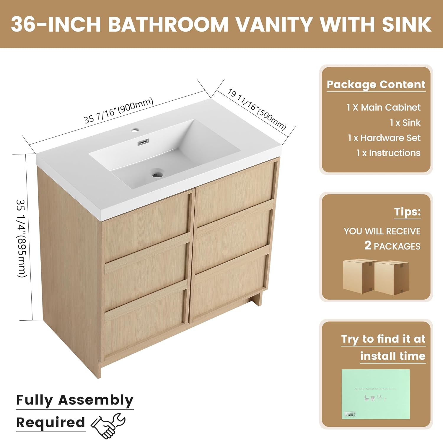36 Inch Bathroom Vanity with Sink, 36' Freestanding Storage Cabinet Combo, 2 Soft Close Doors and Resin Basin, Modern Brown Floor Standing Vanity Set, Plywood Construction