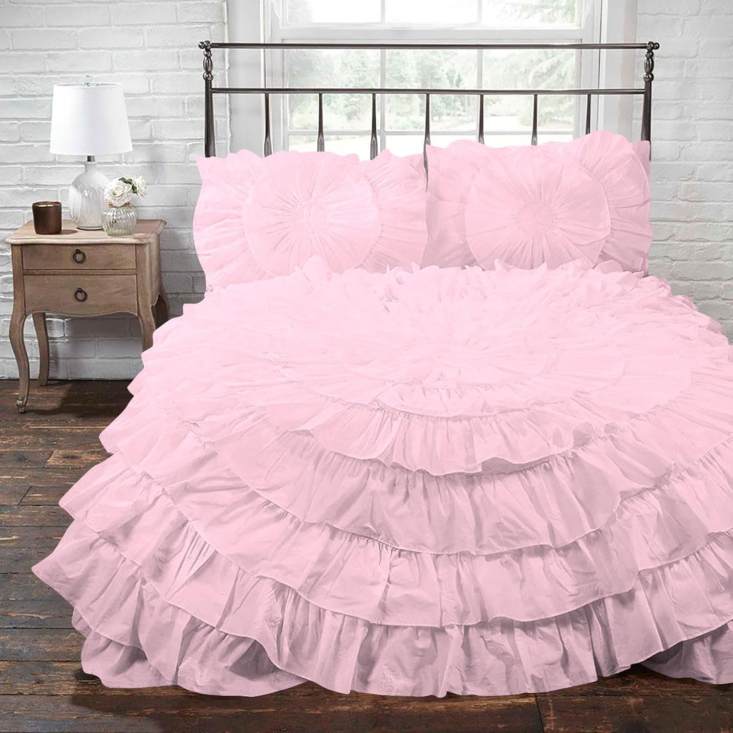 3 Piece 100% Egyptian Cotton Circle Ruffle Comforter Set, 550 GSM Filled Microfiber - Full/Queen Size, Light Pink Color - 1000 Thread Count