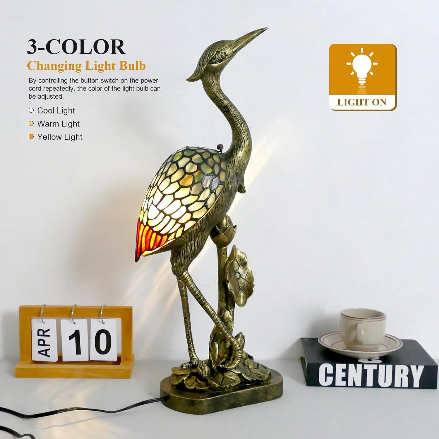 Tiffany Lamp Blue Stained Glass Crane Bird Style Table Lamp Desk Light 23.6 Inch Tall Vintage Tiffany Table Lamp for Bedroom Living Room Home Office, Color Changing LED Bulb Included