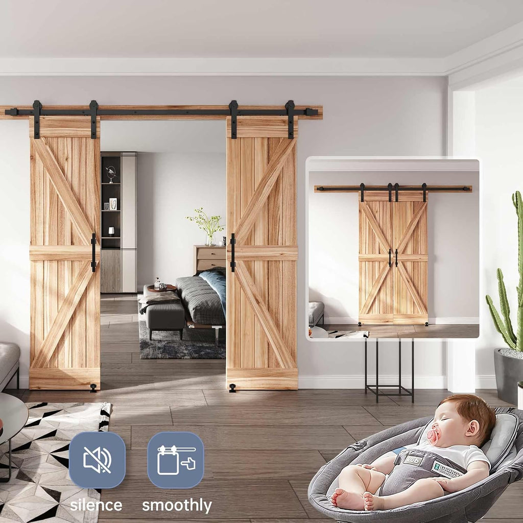 EaseLife 8 FT Double Sliding Barn Door Track and Handle Hardware Kit,Straight Pulley,Slide Smoothly Quietly,Easy Install (8FT Track Kit for 20'~24' Wide Double Door)
