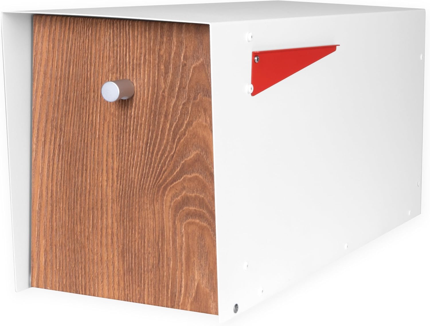 Ilyapa Post Mount Modern Mailbox - White Exterior Powder Coated & Hydro Print Ash Wood Grain Printed Door, Letterbox with Recessed Magnetic Close Door