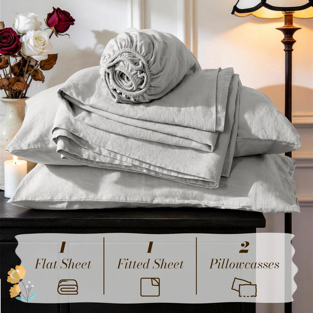 SONORO KATE 100% French Pure Linen Sheets, Breathable and Durable Linen Queen Size Sheets, Anti-Tear Linen Bed Sheets, Machine Washable, 16 Inch Deep Pocket - 4 Piece (Grey, Queen)