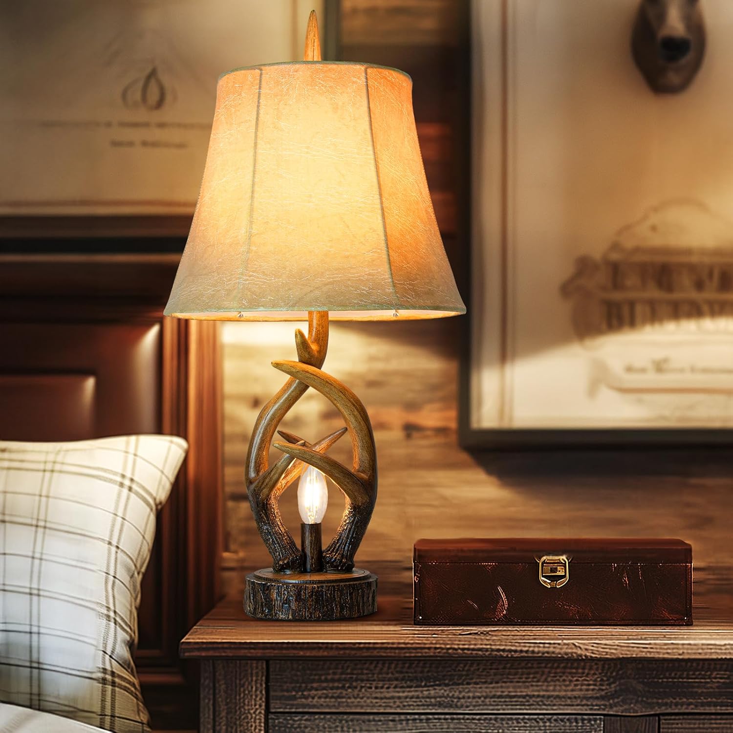 Scenekoy Rustic Farmhouse Antlers Bedside Table Lamp Set of 2 with Nightlight Dual USB Ports Leather Soft Bell Shade Brown Finish nightstand Lamp Decor for Living Room Bedroom Office House Hotel