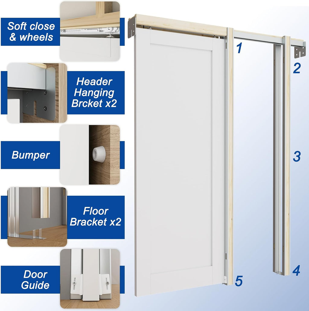 All-Inclusive Soft-Close Sliding Pocket Door 18' x 80' Frosted Glass Sliding Doors with Frame & Hardware Kit, Pocket Interior Doors for Home, White Primed