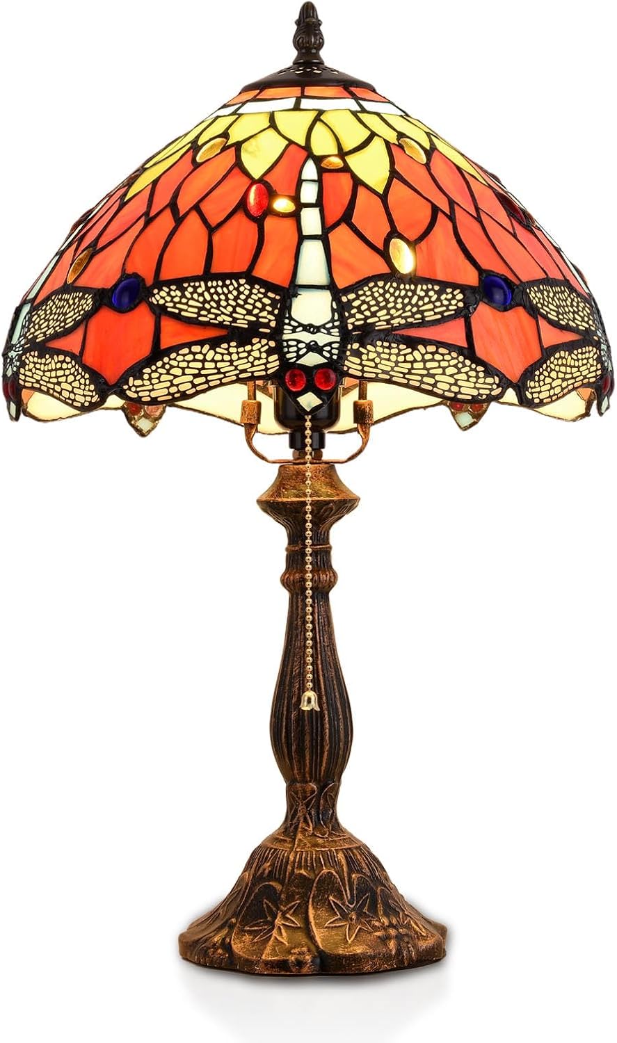Tiffany Table Lamp, 12-inch Stained Glass Lamp for Living Room, Dining Room, Bedroom, Study Room, Office (Orange Dragonfly)