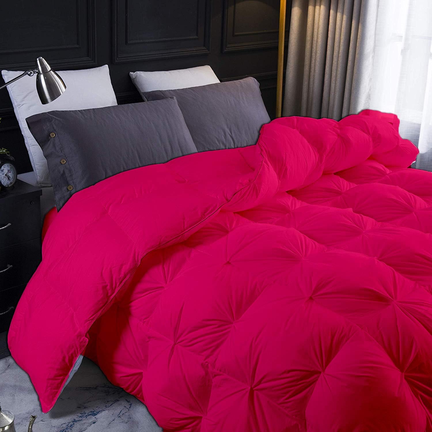 Hot Pink All Season Down Pin-Tuck Comforter- Twin XL Size 68 x 90 Inches 1 pc Pinch Pleated Comforter 600 GSM & 4-Corner Tab's 100% Egyptian Cotton- - Hot Pink Solid