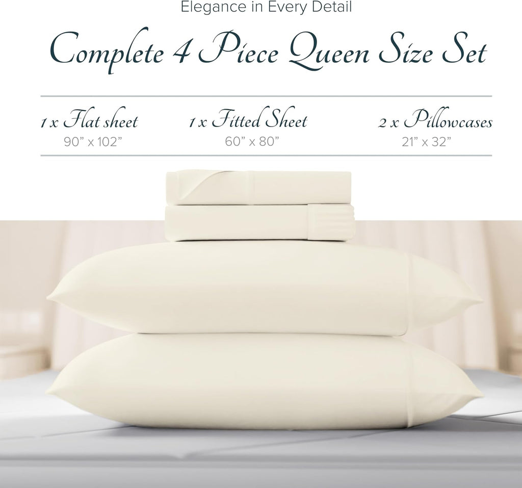 Carressa Linen 100% Egyptian Cotton Sheets Queen Size Bed Set - Luxury 1500 Series Heliconia Collection Egyptian Cotton Queen Sheet Set (4 PC, Ivory), 17' Deep Pocket, Sateen Hotel Quality Bedding