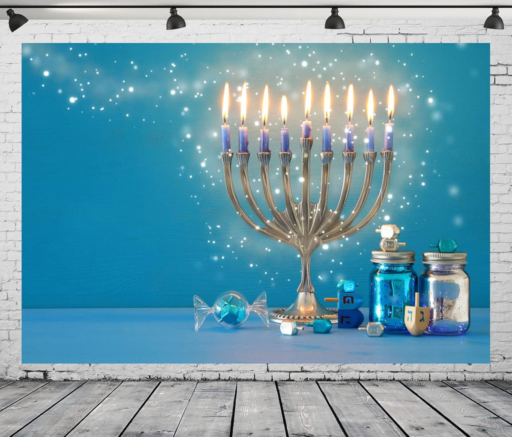 20x10ft Fabric Hanukkah Backdrop Jewish Holiday Traditional Candelabra and Candles Blue Glitter Background Happy Hanukkah Festival Day Jewish Decor Photo Booth Studio Props
