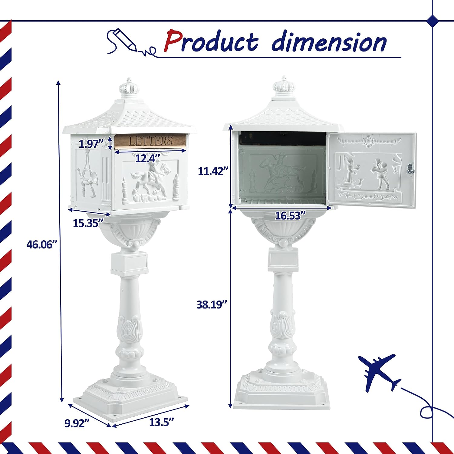 Retro Locking Mailboxes for Outside Aluminum Freestanding Mailbox with Post, Heavy Duty Mail Boxes for House with Post, White