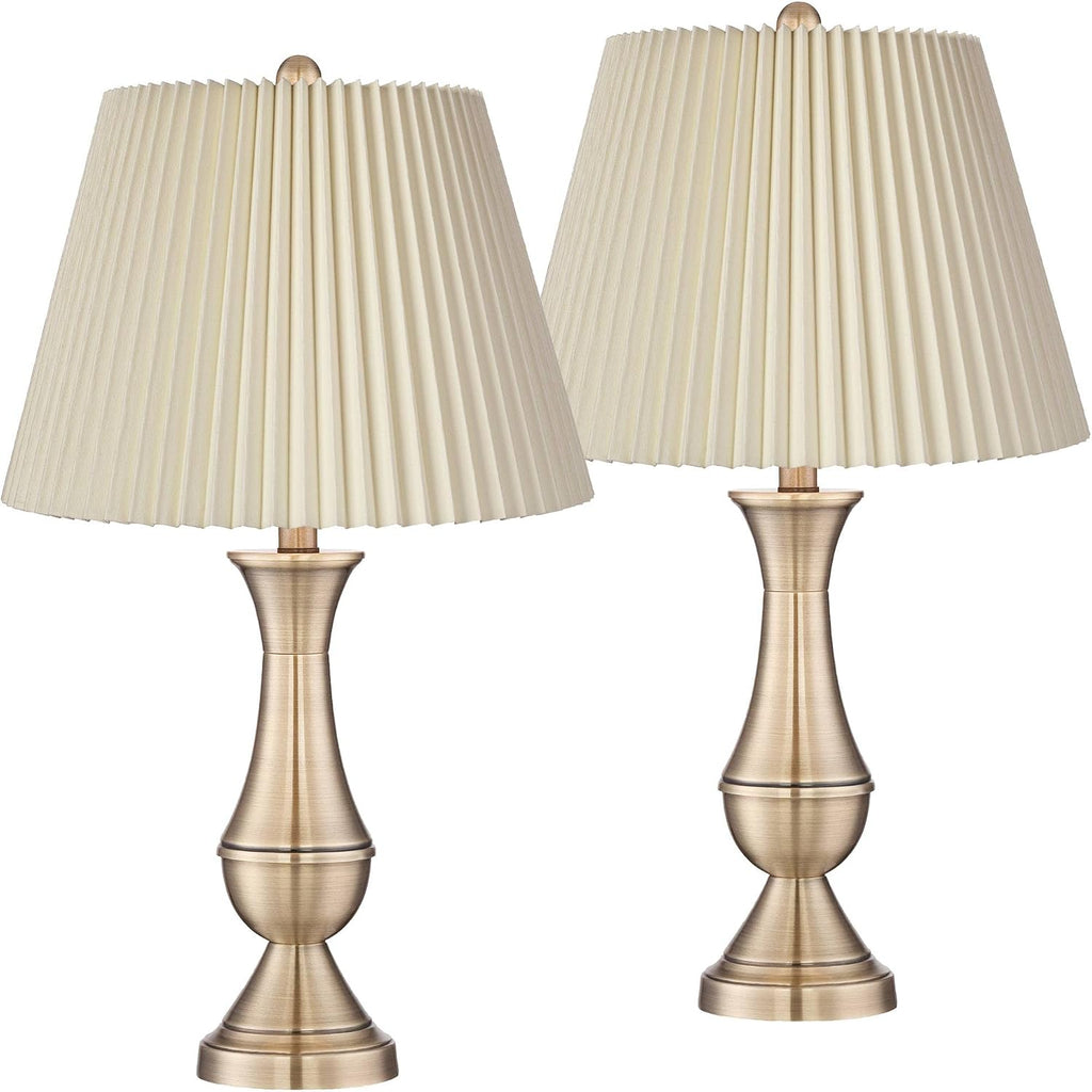 Regency Hill Becky Traditional Candlestick Table Lamps 24 3/4' Tall Set of 2 Antique Brass Gold Metal Ivory Linen Pleat Shade for Bedroom Living Room Bedside Nightstand House Home Office