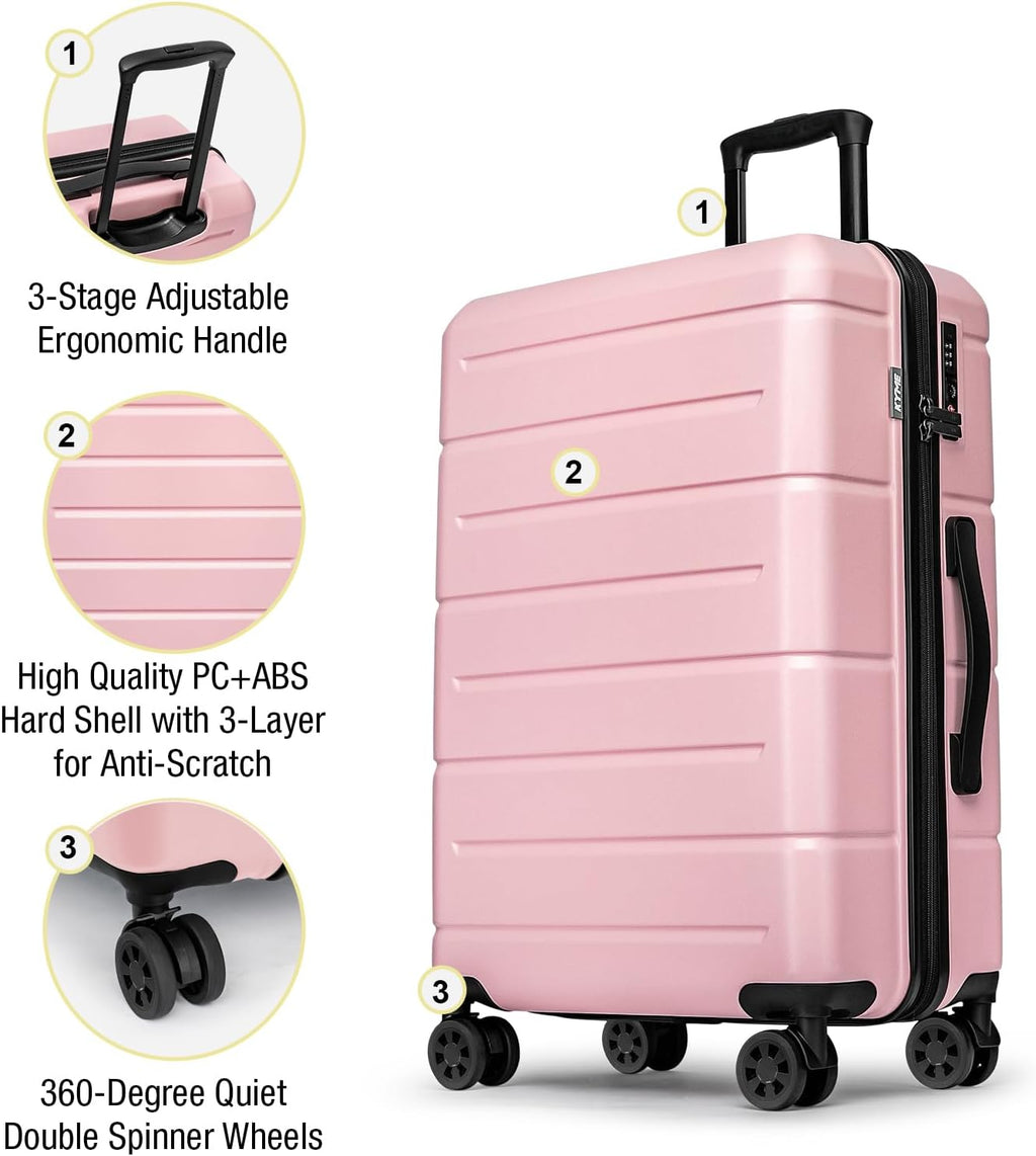 KYME Luggage Sets 3 Piece Hardshell 20'/24'/28' Suitcase with Wheels Hardside Suitcase Set with TSA Lock Large Travel Luggage Set for Women Pink