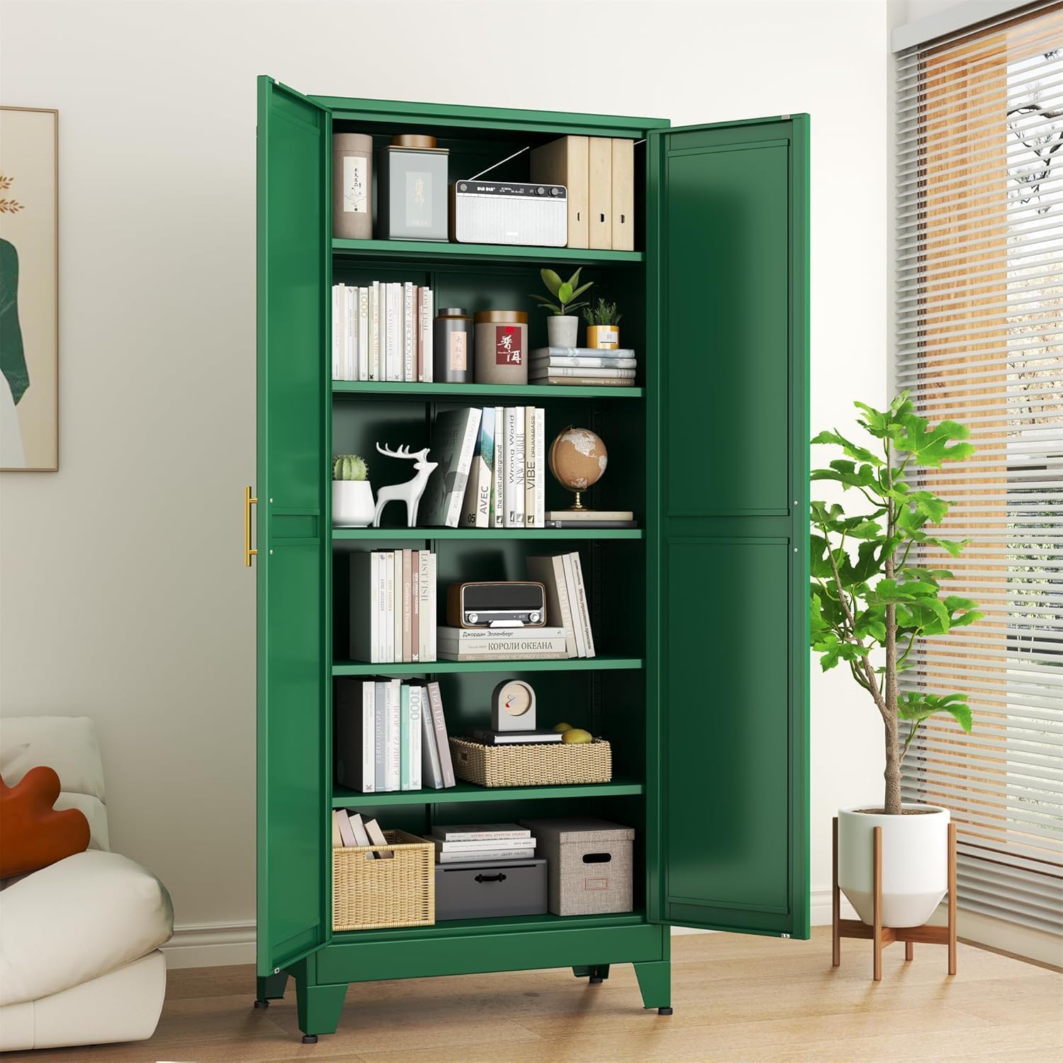 erosoei 75.2'H Metal Kitchen Pantry Storage Cabinet, Storage Cabinets with Adjustable Feet and Shelves,Food Pantries Cupboard for Kitchen, Living Room, Laundry Room and Dinning Room（Green）
