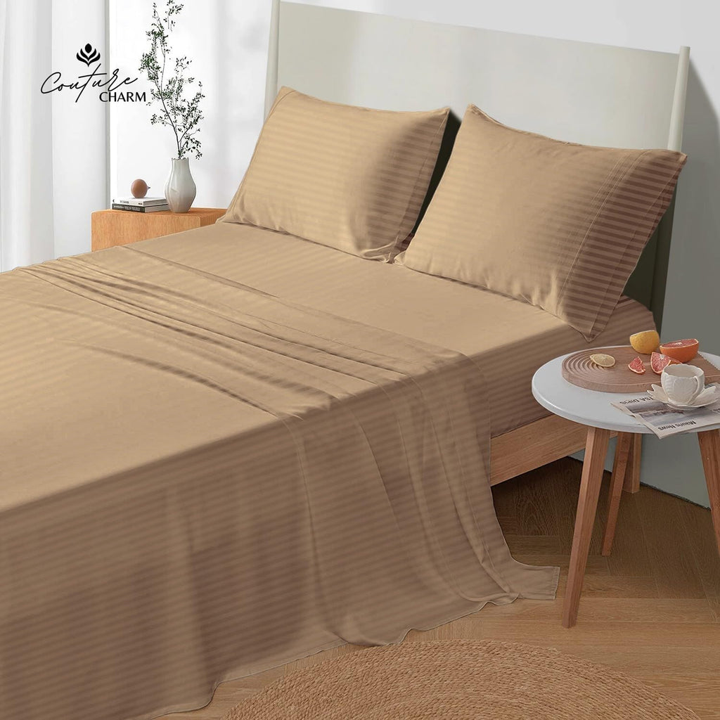 Queen Size 1000 Thread Count 100% Egyptian Cotton Sheet Set, 4-Piece, Sateen Weave, with 10-12' Deep Pocket Snug Fit (Stripe, Taupe)