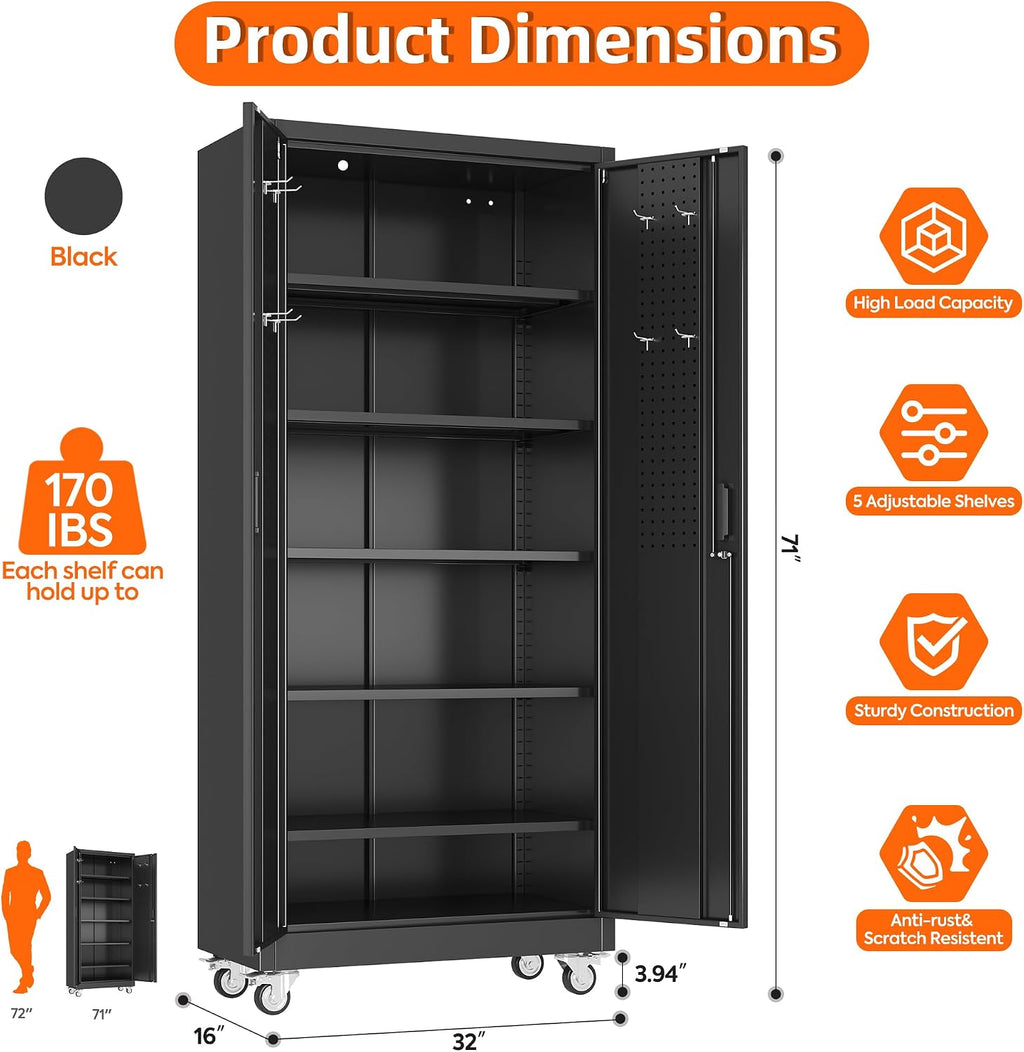 Aobabo Garage Storage Cabinet with Door Pegboard,Lockable Metal Storage Cabinet with 5 Adjustable Shelves for Garage Home,Required Assembly,Black