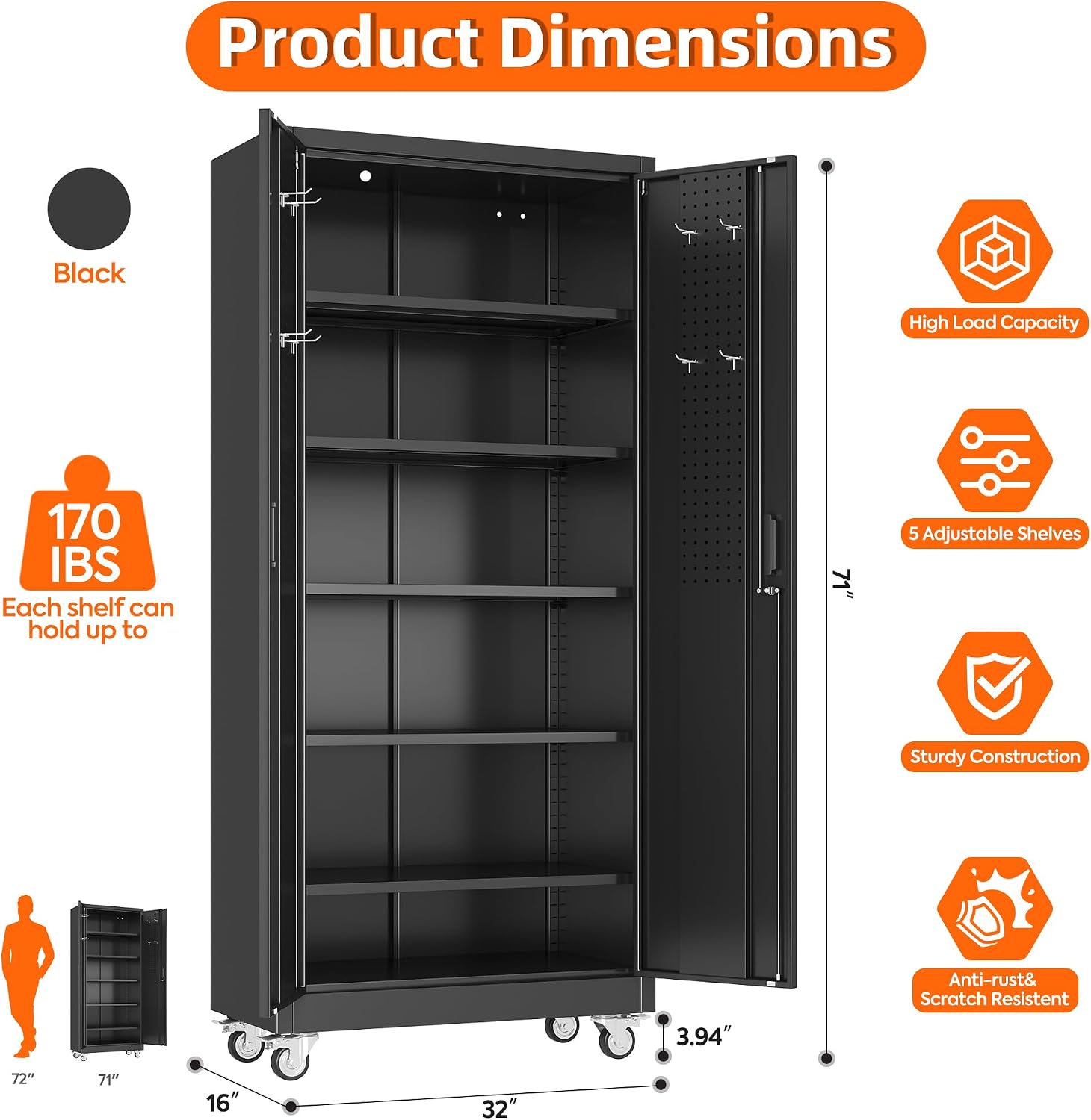 Aobabo Garage Storage Cabinet with Door Pegboard,Lockable Metal Storage Cabinet with 5 Adjustable Shelves for Garage Home,Required Assembly,Black