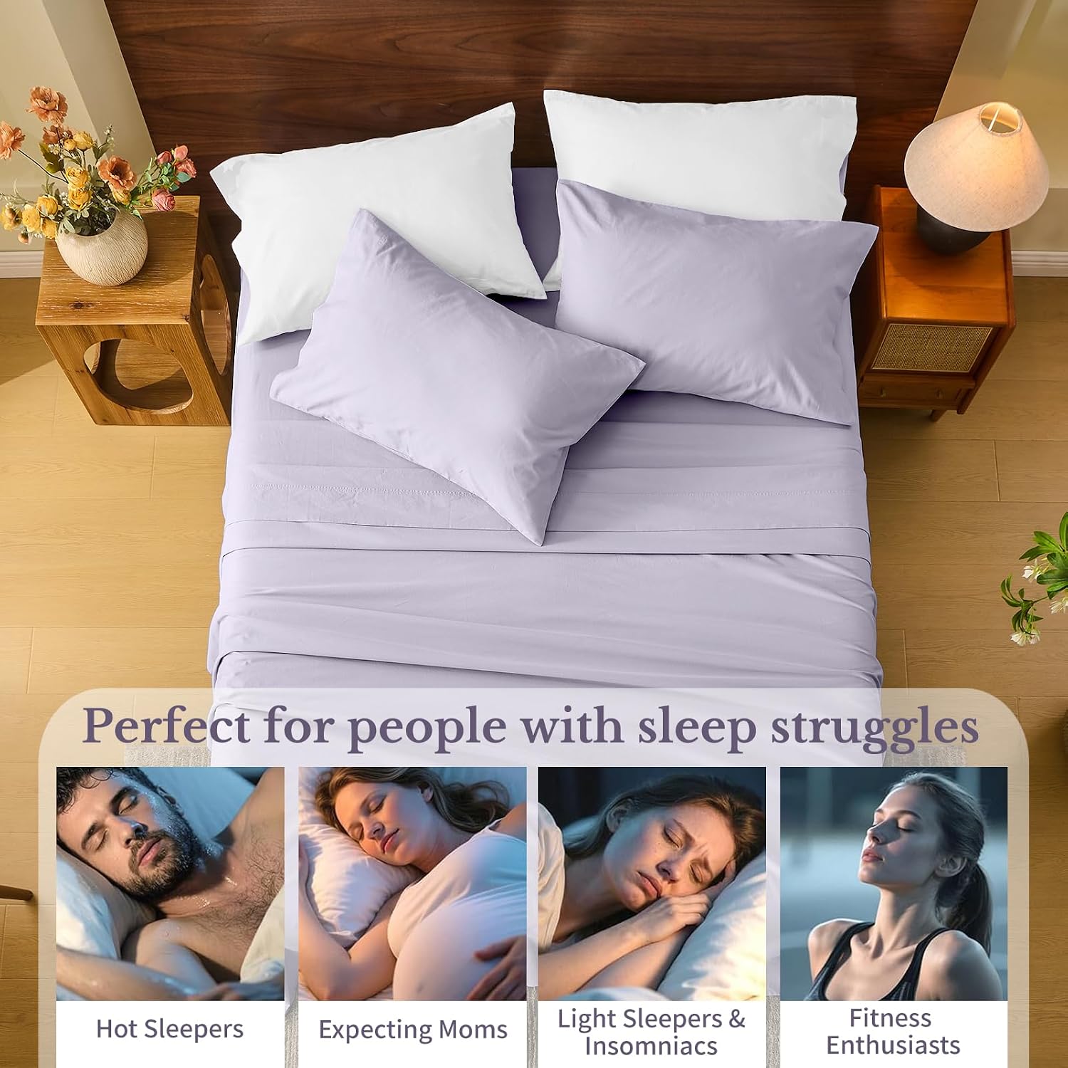 MEISHANG 100% French Pure Linen Sheets Queen Size - Bed Sheets 4 Piece Sets, Soft Durable Flax Linen, Anti-Tear Breathable Moisture Wicking with 16' Deep Pocket (Light Purple)