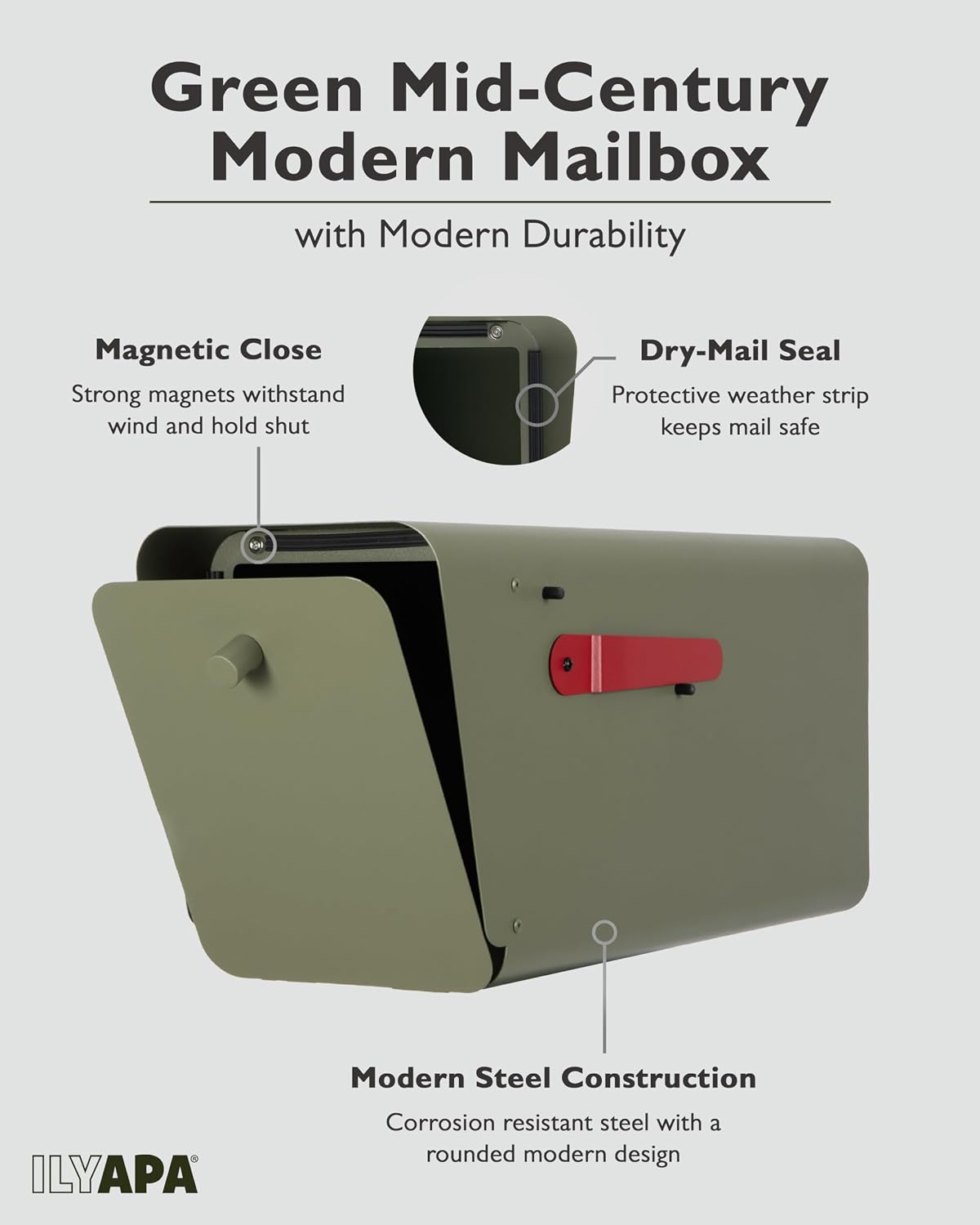 Ilyapa Green Mid Century Modern Mailbox & 43' Heavy Duty Black Metal Post Mount Sleeve Bundle - Outdoor Mail Box for Curbside Delivery
