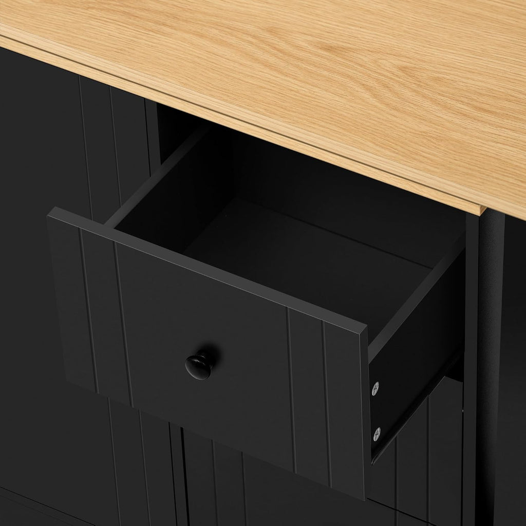 RUNNA 89.7''Wooden Sideboard with Extendable Table,Multifunctional Storage Cabinet with 2 Doors and 3 Drawers,for Living Room,Study,Foyer and Kitchen (Black+Natural#68)