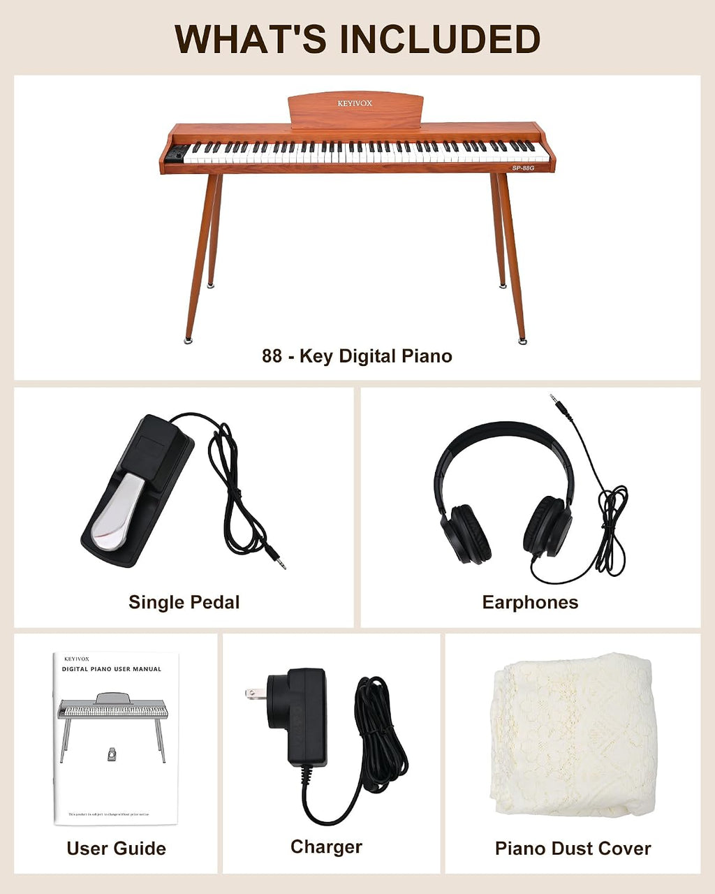 SP88G Digital Piano Keyboard with Stand & Sustain Pedal, 88 key Semi Weighted Electric Piano for Beginners and Adults, 800 Tones, 600 Rhythms, 80 Demo Songs with Headphones, USB-MIDI