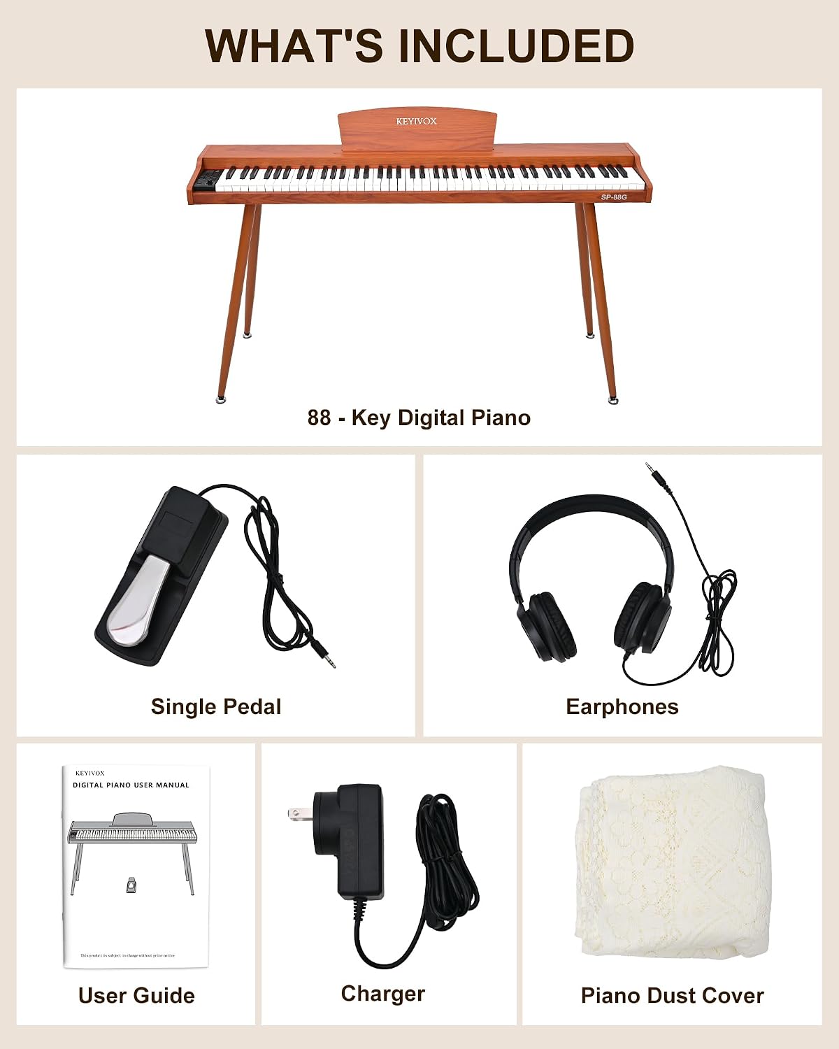 SP88G Digital Piano Keyboard with Stand & Sustain Pedal, 88 key Semi Weighted Electric Piano for Beginners and Adults, 800 Tones, 600 Rhythms, 80 Demo Songs with Headphones, USB-MIDI