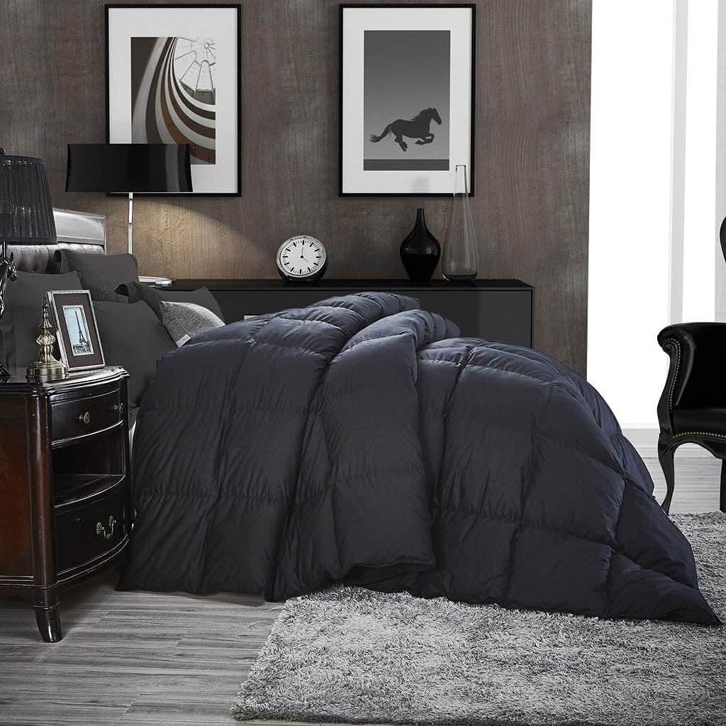 Luxurious Full/Queen Goose Down Comforter, Unique Black Solid, 600 Thread Count, 100% Egyptian Cotton Cover, 70 Oz Fill Weight, 750 Fill Power